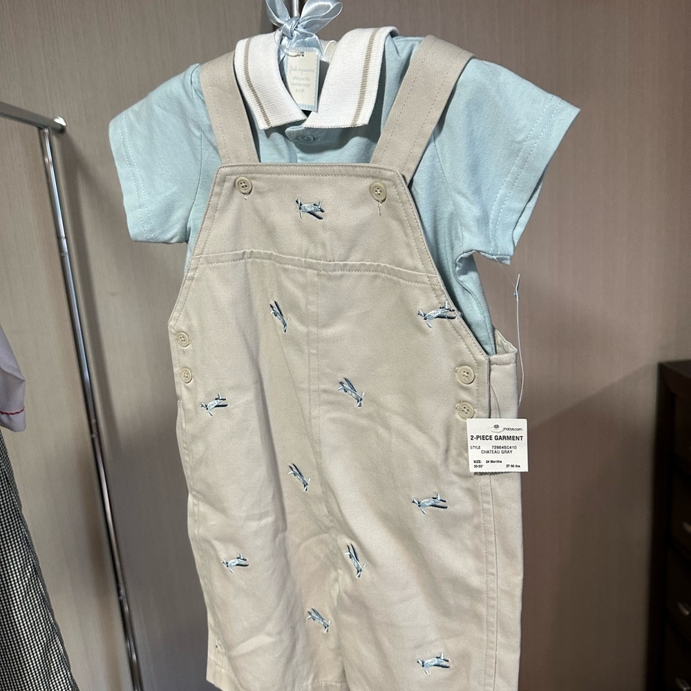 First Impressions Tan and Blue Matching Overalls Set